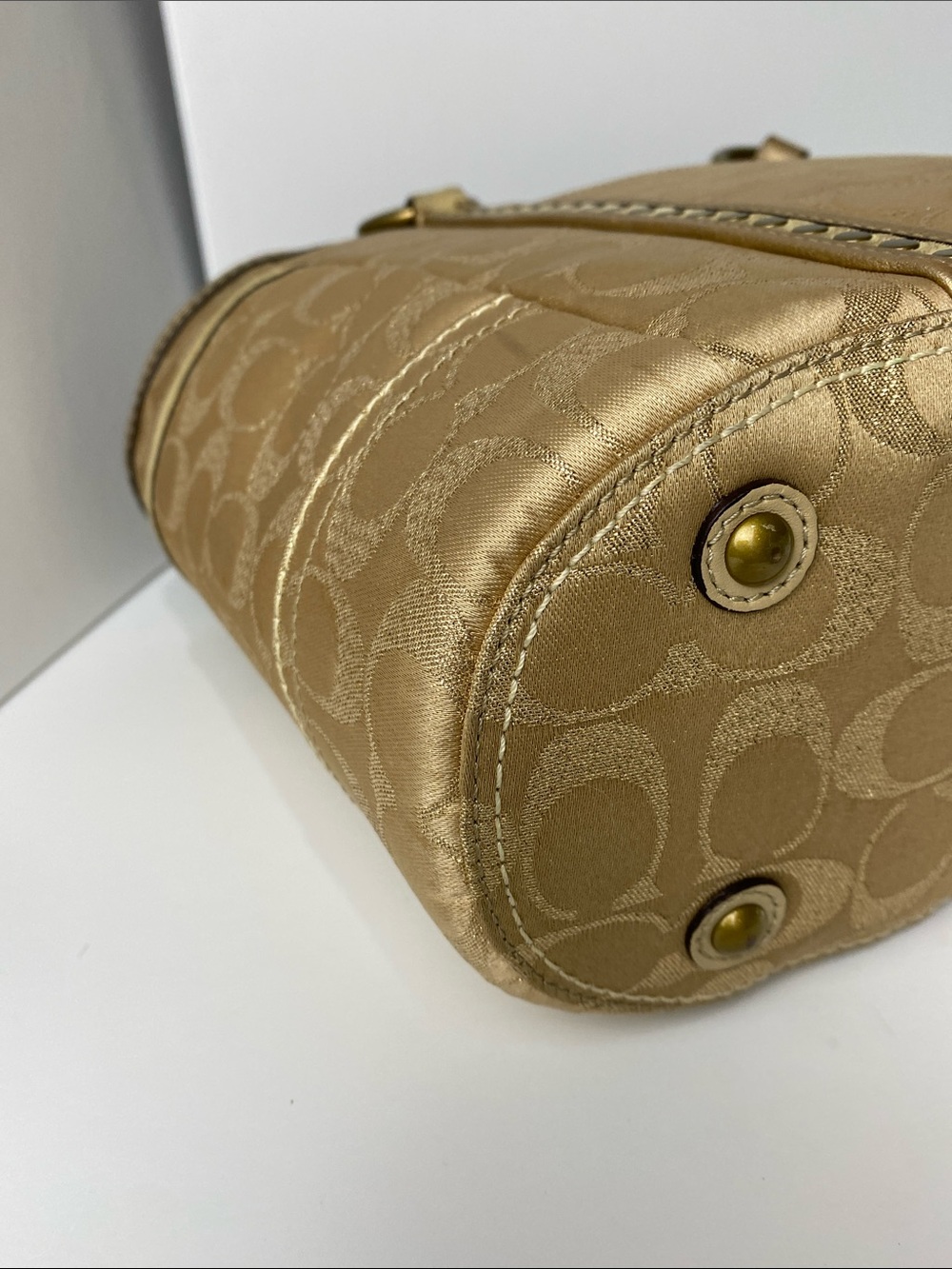 Coach Studded Signature Jacquard Gold Metallic Signature Tote with Suede Trim - Picture 9 of 17
